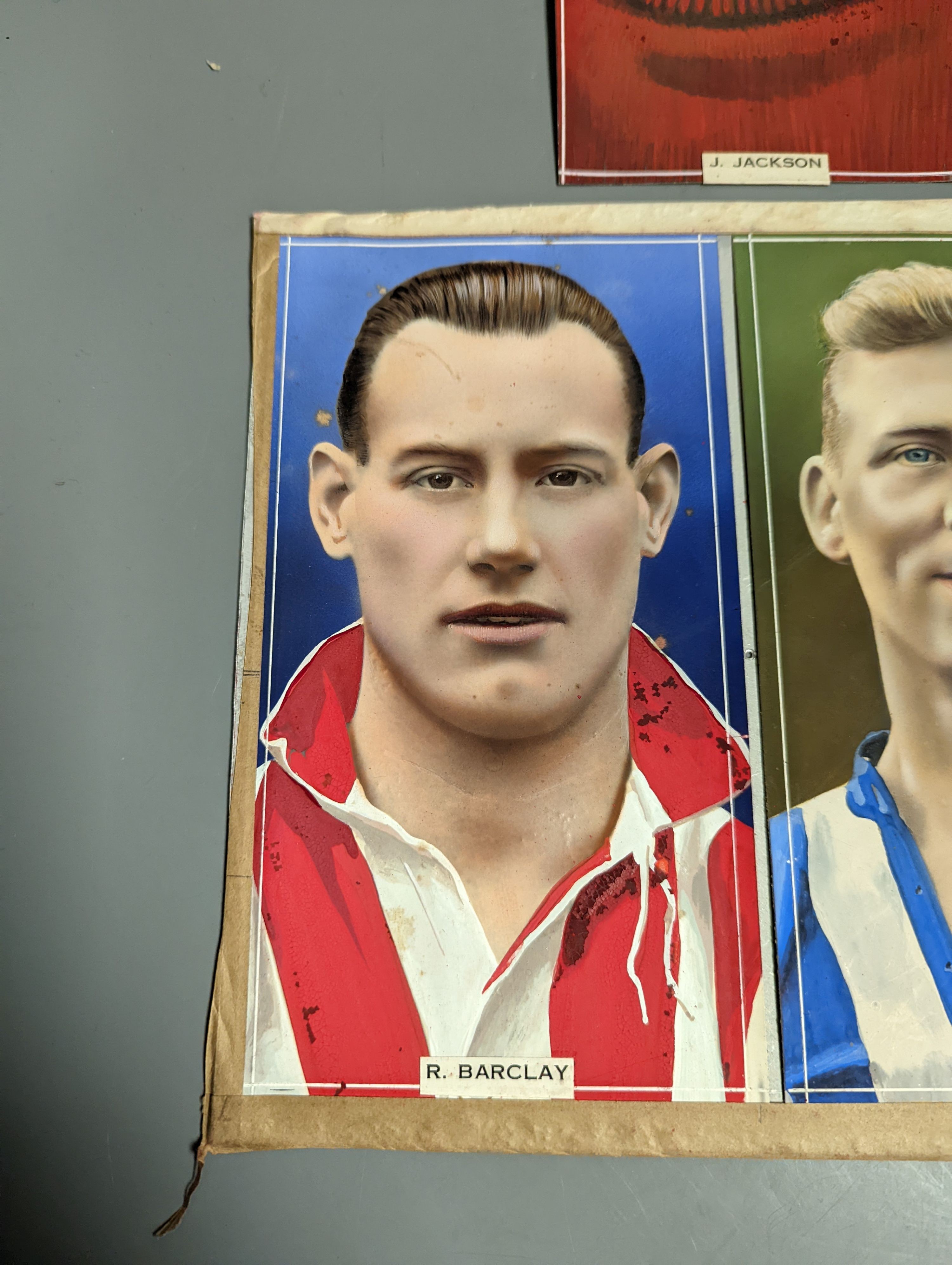 Seven original gouache illustrations of footballers c.1936 for Godfrey Phillips cigarette cards, each 19.5cm x 10.3cm